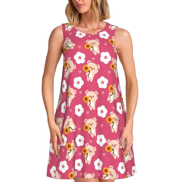 Disketp Piggy Sunflower para Vestido sin Mangas para Mujeres, Vestidos de Verano para Mujeres, Casual y Holgado para la Playa