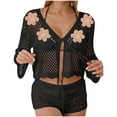 thumbnail image 3 of Tqyyweavej Bathing Suit Crochet Coverups for Women Hollow Out Print Tie Front Beach Cover Up Solid Color Long Sleeve Loose Swimsuit Cover Up, 3 of 7