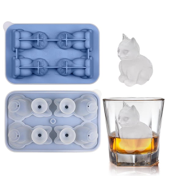 3D Cat Ice Cube Mold, Ice Cube Tray with Funnel with Funnel for Cocktails, Bourbon,Brandy, Whiskey Gifts for Men, Silicone Fun Shapes Blue Cute