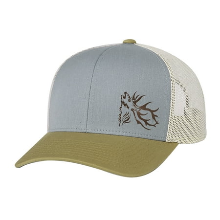 Men s Hunting Season Mesh Back Trucker Hat Elk Antlers Heather Gray/Amber/Beige