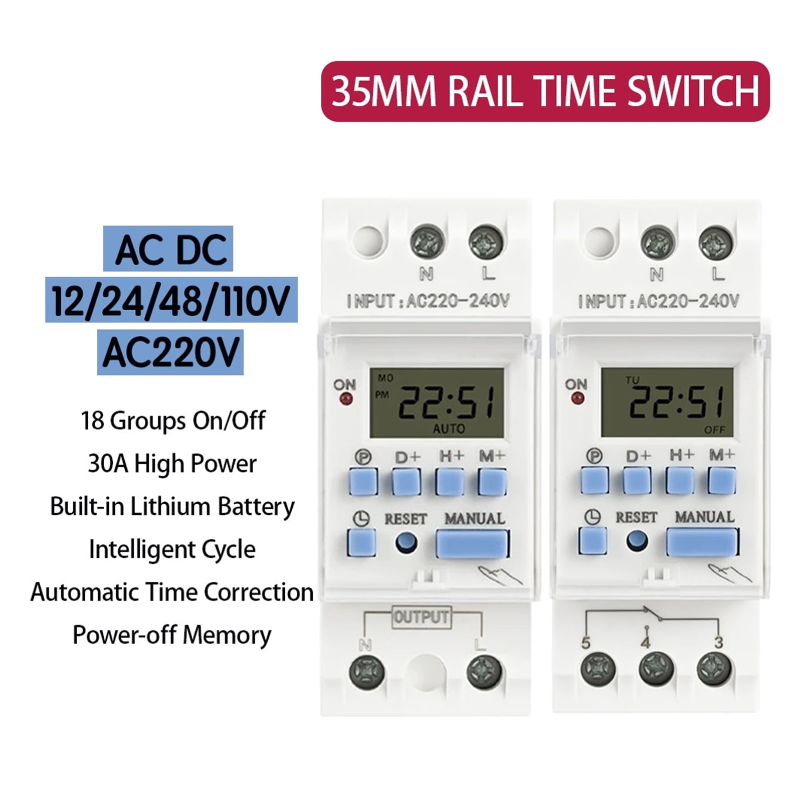 EJYWPSWD Ac Dc12v 24v 48v 110v 220v 1no1nc 1no 15a 30a Thc Din Rail Weekly 7 Days Programmable Digital Time Switch Relay Timer Controller