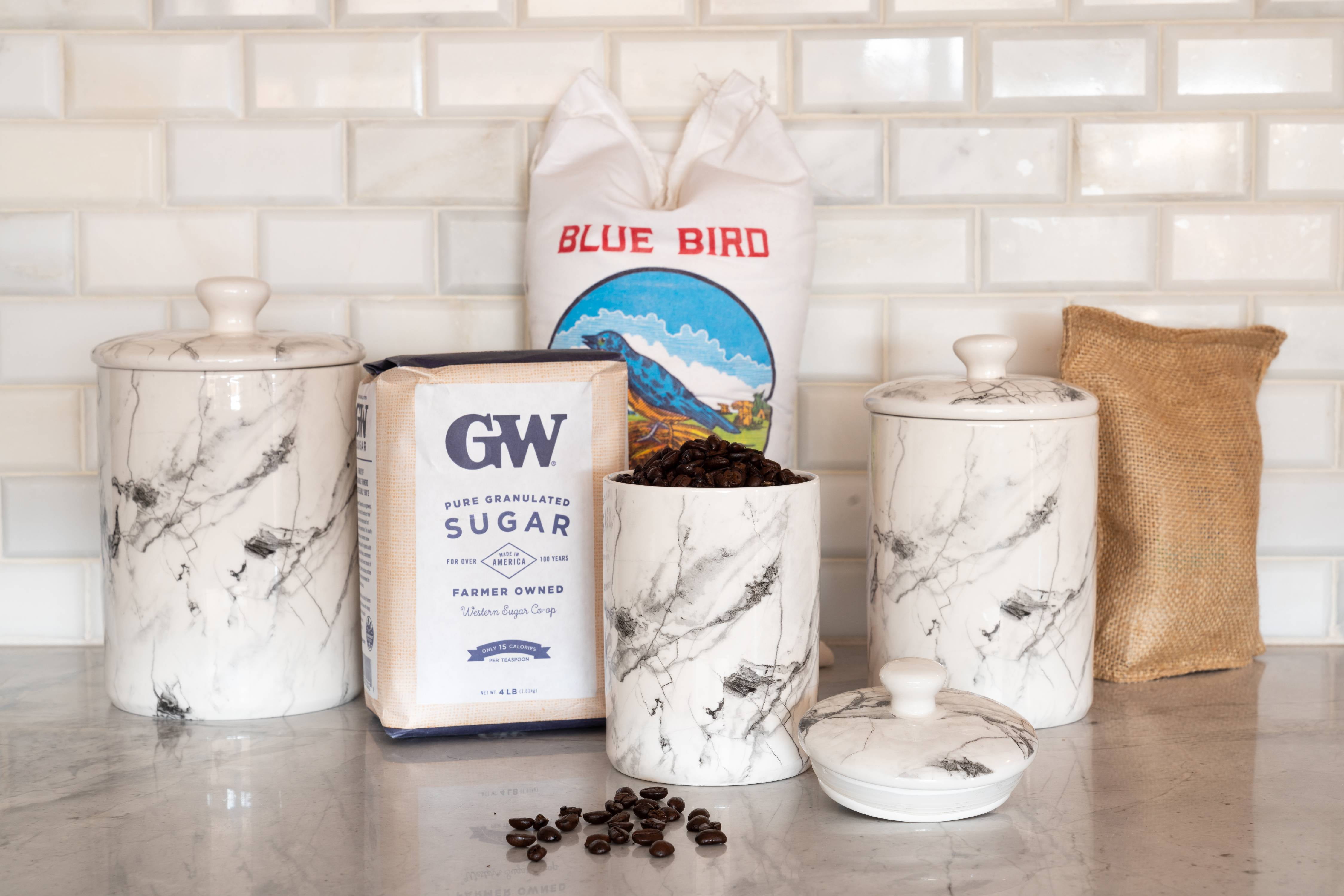 10 Strawberry Street Marble 3 Piece Food Storage Canister Set, White/Black, 24-Ounce, 38-Ounce, 72-Ounce