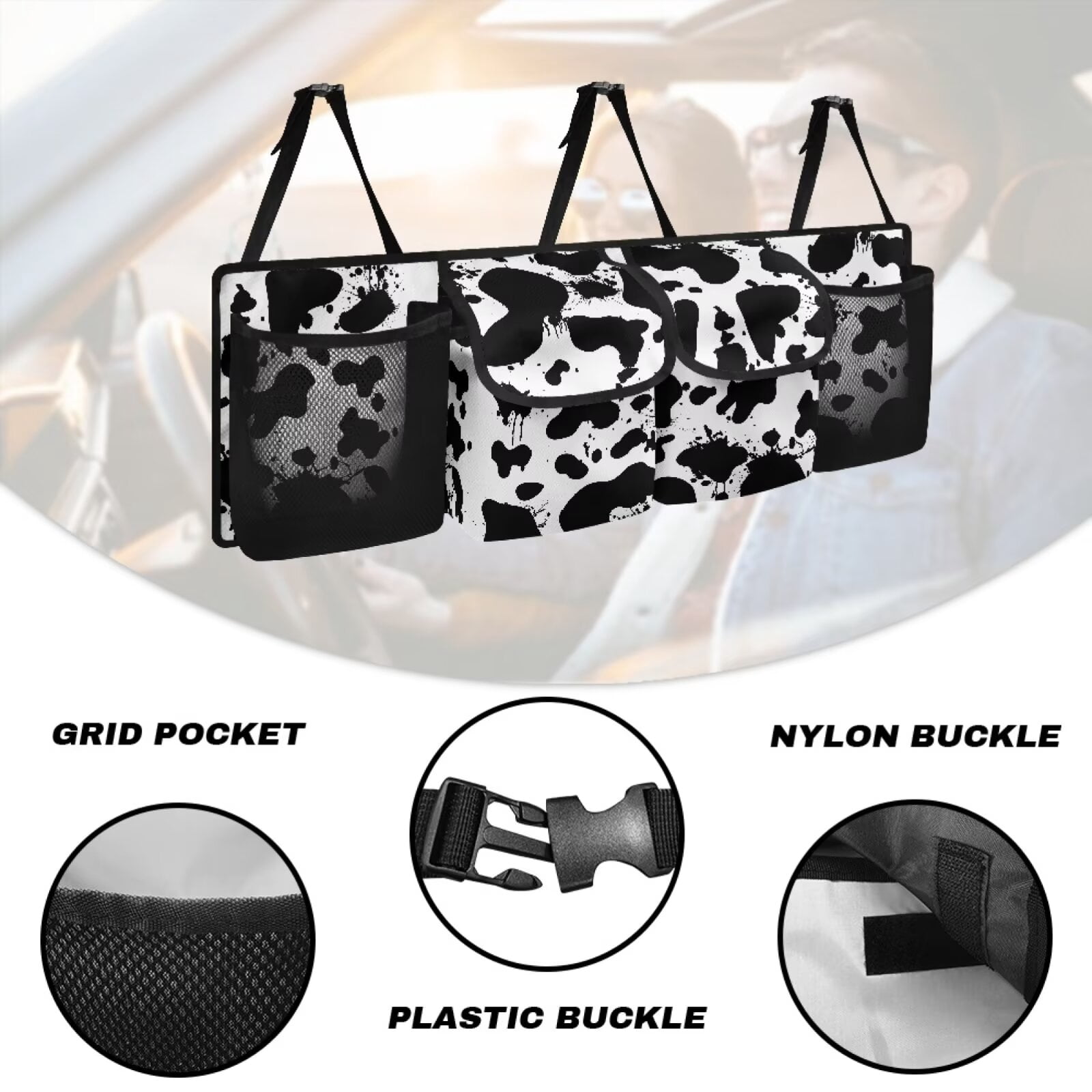 KUIFORTI Car Trunk Hanging Organizer, Cow Print Car Trunk Organizers for Women Car Interior Accessories with 2 Pockets & 2 Mesh Pouches, Will Provide More Space for SUV, MPVs, Trucks, Vans, Sedans