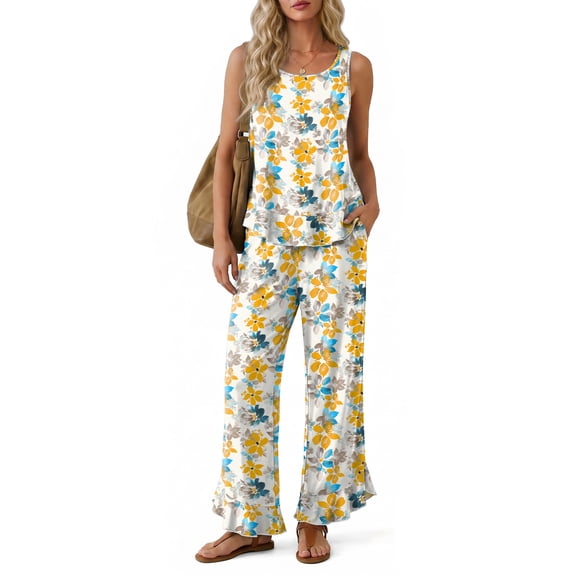 Anygrew 2 Piece Sets For Women Lounge Sleeveless with Ruffle Hem and Ruffled Wide Leg Pants Summer Tank Top Outfits Tracksuit With Pockets