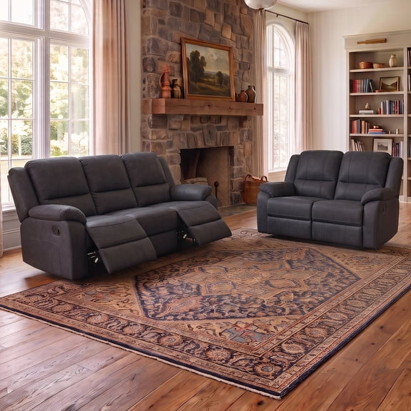 Black 2-Piece Reclining Sofa Set - 3-Seat Couch & Loveseat