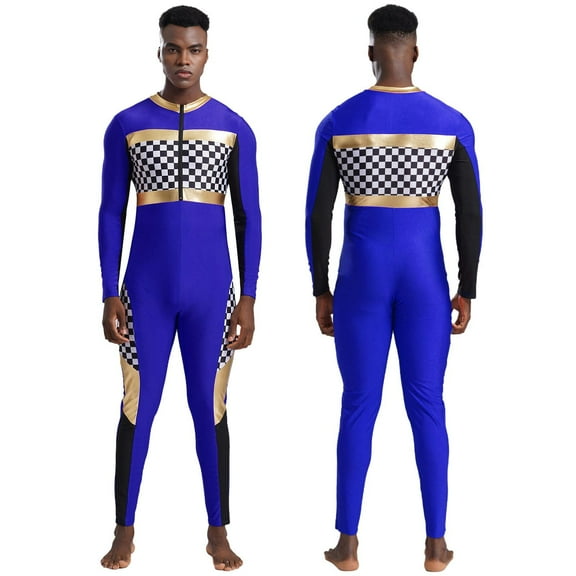 TiaoBug Racer Driver Cosplay Bodysuit for Mens Long Sleeve Plaid Jumpsuit Cheerleading Uniform Royal Blue XXL