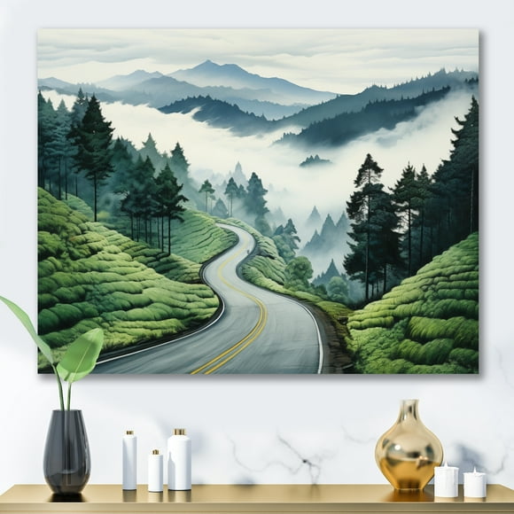 Designart road Wall art decor, Road Wall Art, Endless Journey Road Through Green Mountains I , Green Modern Canvas wall art, 40x30 inches