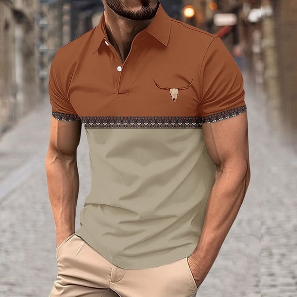 Blusa y camisa de manga corta con cuello vuelto para hombre, blusa de manga corta con solapa y botones estampados, blusa de poliéster para hombre