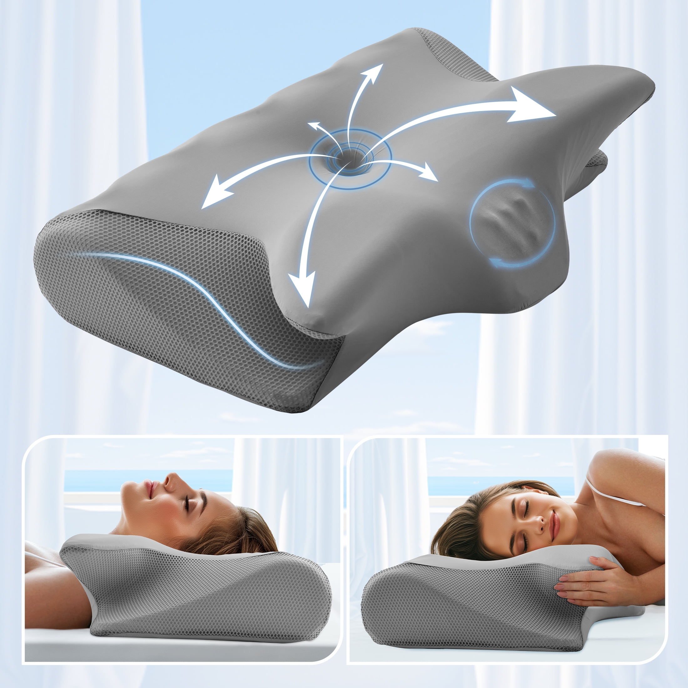 Vccoem Cervical Pillow for Neck Pain Relief, Ergonomic Hollow Design, Odorless Memory Foam Pillow for Sleeping, Orthopedic Contour Neck Support Pillows with Additional Pillowcase, Gray