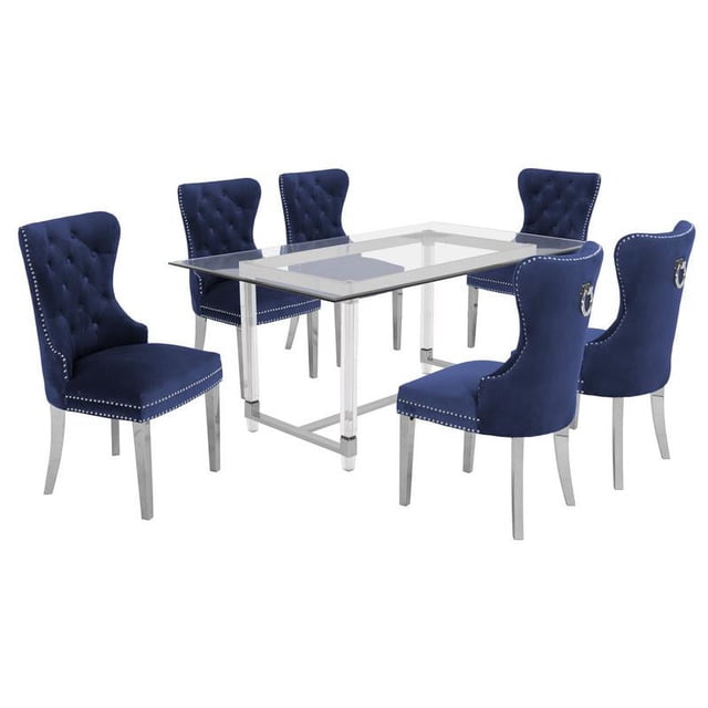 7pc. 68" x 40" Glass Dining Set with 6 Chairs and Silver Stainless Steel