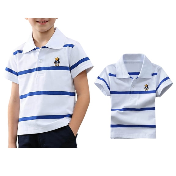 Polo Shirts for Boys Short Sleeve Boys Cute Embroidered Striped Button down Shirt School Shirts Lightweight Casual Shirts Boys Clothes Size 6-7 Years