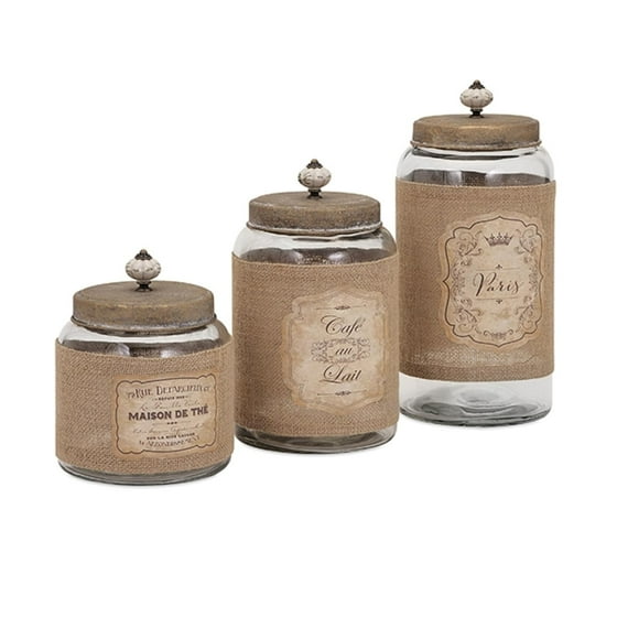 Set of 3 French Market Vintage Style Burlap Labeled Glass Bottle Jars