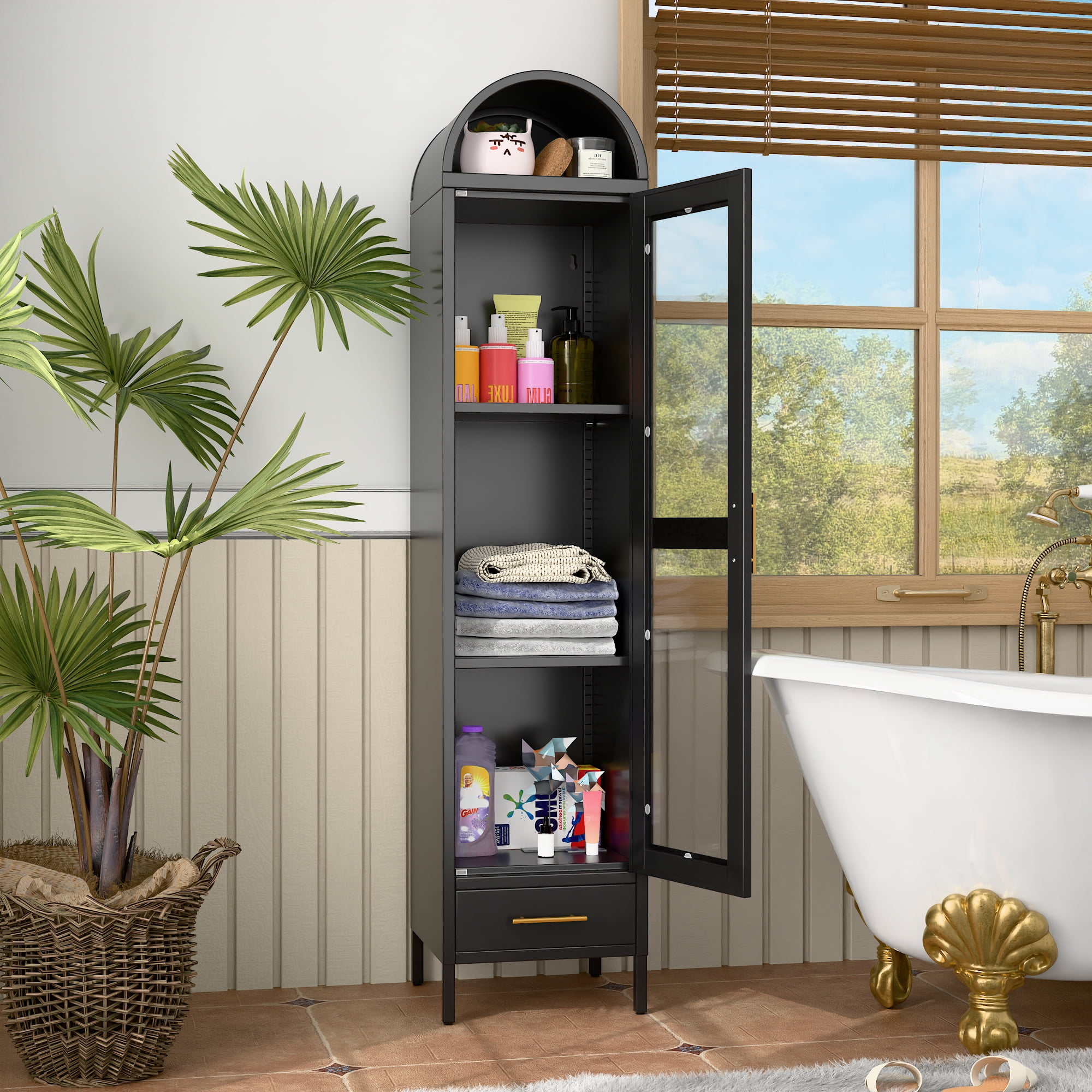 Aobabo Metal Arched Cabinet, Arch Display Bookcase Cabinet with Glass Door and 2 Shelves, Kitchen Pantry Storage Cabinet for Dining Room, Home, Office, Kitchen, Study Room, Assembly Required (Black)