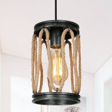 

LNC 1-Light Farmhouse Black Metal Pendant Light with Rope for Kitchen/Bedroom/Living Room