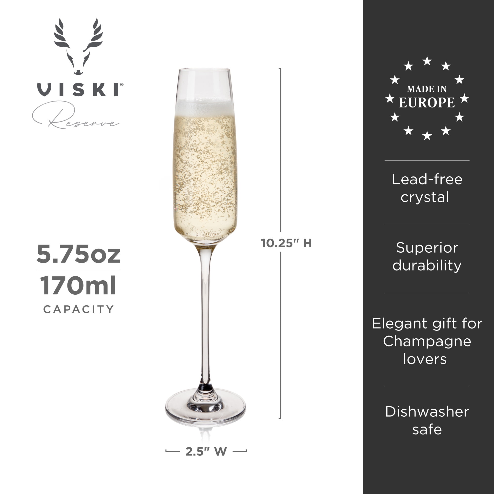 Viski Reserve Julien Champagne Flutes, Home Bar Party Gifts 5.75oz Set of 4