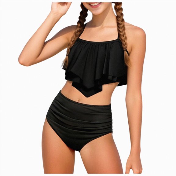 NOLDARES Little Girls Sweet Print Two Piece Bathing Suit Bikini Set Quick Dry Beach Wear(Black,9-10 Years)