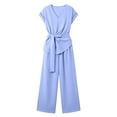 thumbnail image 5 of VBVC Women's Wrap Tie 2 Piece Work Set,Short Sleeve Top and Wide Leg Pants For Women, Ladies' Breathable Summer Loungewear With Pockets,Light Blue,S-3XL, 5 of 8