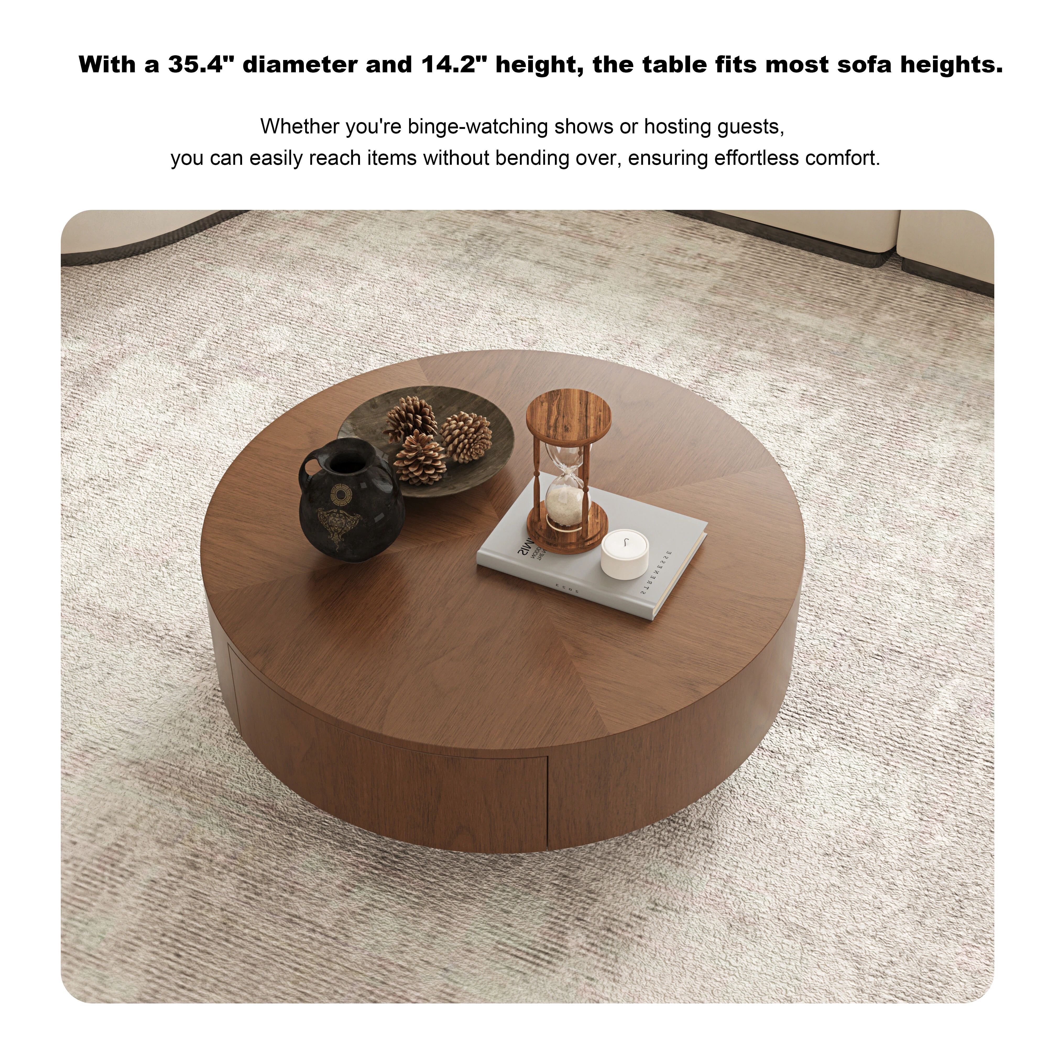 Euroco 35.43" Round Coffee Table with Storage Drawer, Mid-Century Modern Center Table with Sphere Base Legs for Living Room,Walnut