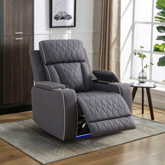MAYEERTY Single Recliner Chair, Leather Recliner with LED Lights, USB Charger, Cup Holder, for Living Room, Home Theater