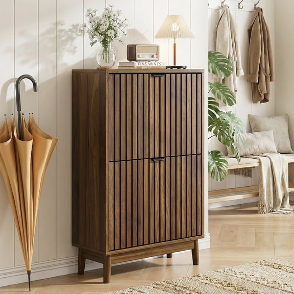 Semiocthome Modern Slim Space Saving Shoe Cabinet 2 Flip Down Slatted Doors 15 Pair Capacity Walnut 23.6 Inch Width