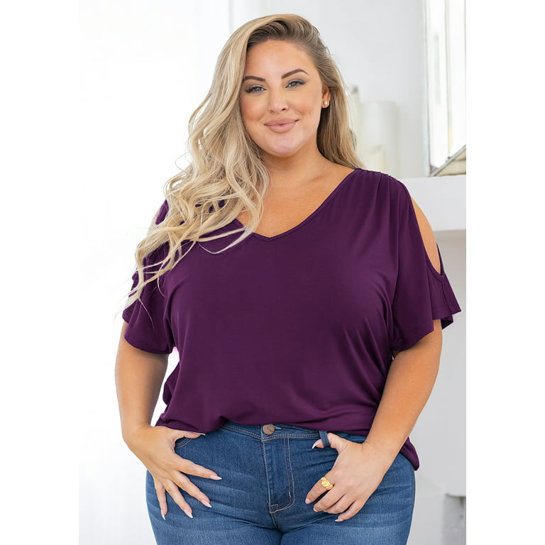 SHOWMALL Plus Size Tunic for Women Cold Shoulder Top Dark Green 4X Blouse  Short Sleeve Clothing V Neck Shirts Summer Clothes