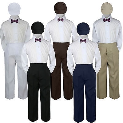 

4pc Boy Suit Set Eggplant Plum Bow Tie Baby Toddler Kid Formal Hat Pants S-7