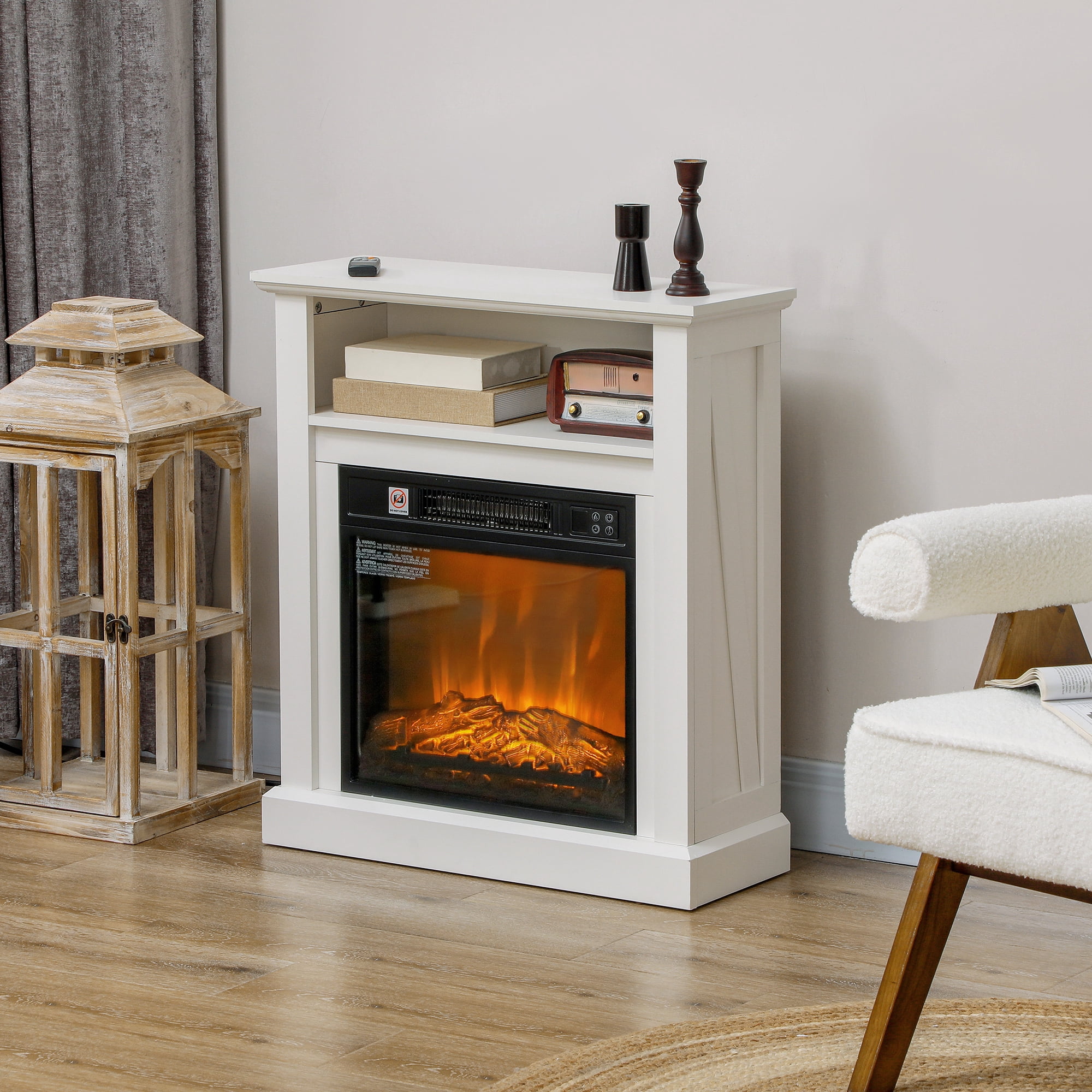 26" Electric Fireplace with Mantel, Modern Console Table with Heater and Remote Control, Indoor Small Freestanding Fireplace, Tabletop Fireplace for Living Room, Bedroom