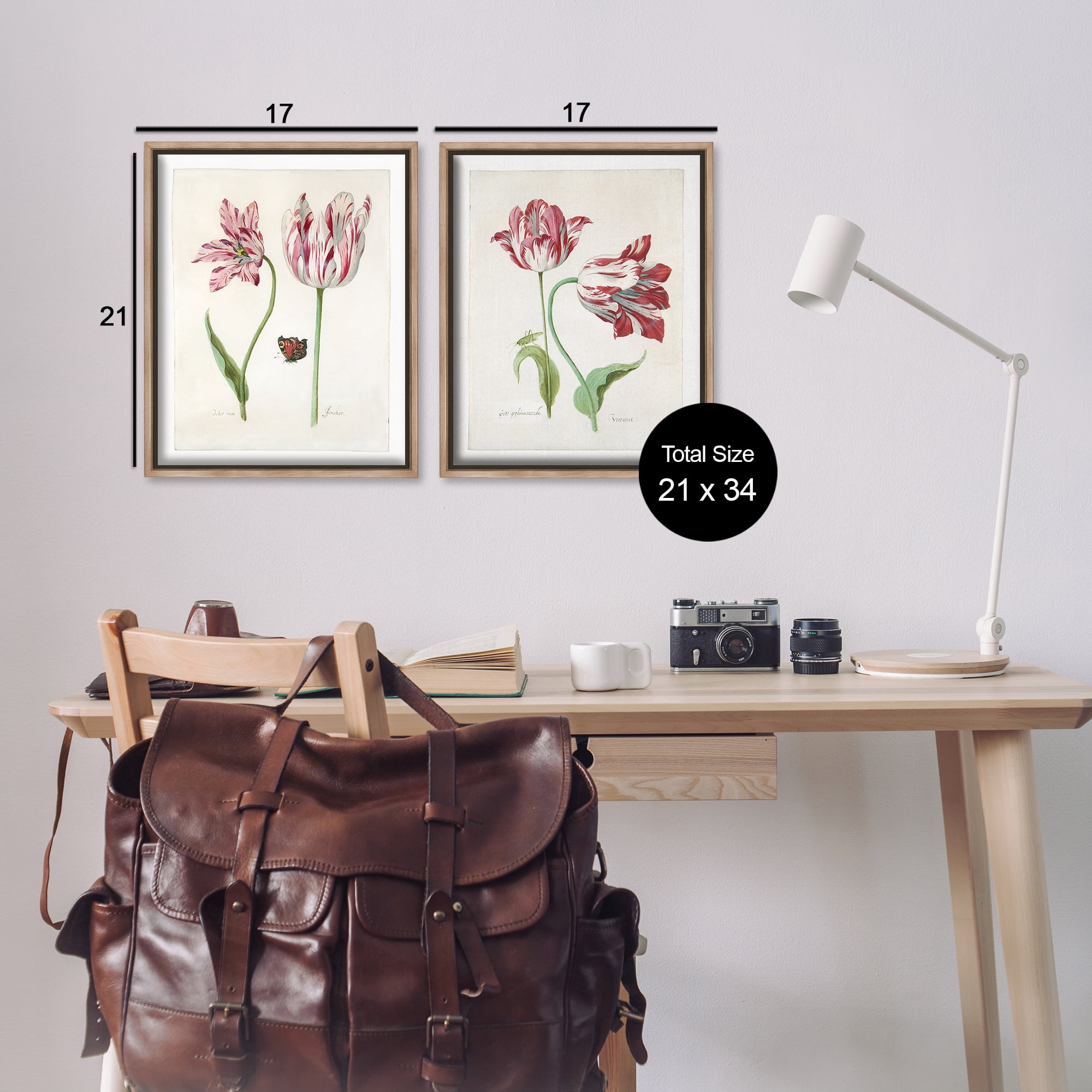 Stupell Industries Vintage Tulip & Insect Studies Floral & Botanical Painting Brown Floater Framed Canvas Art Print Wall Art, 17 x 21, Set of 2