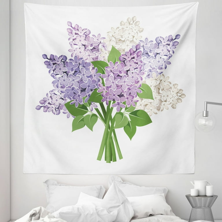 Lilac Tapestry Illustration of a Posy of Rural Meadow Blossoms Feng Shui Soulful Nature Theme Fabric Wall Hanging Decor for Bedroom Living Room