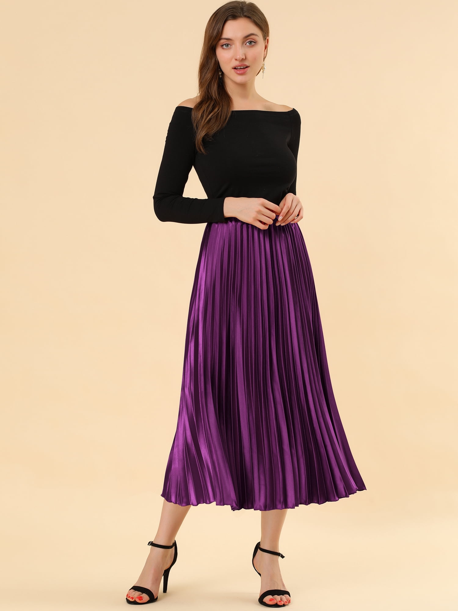DARING DIVA Women's Midi Length Elastic High Waisted Pleated Skirt 3XL Purple