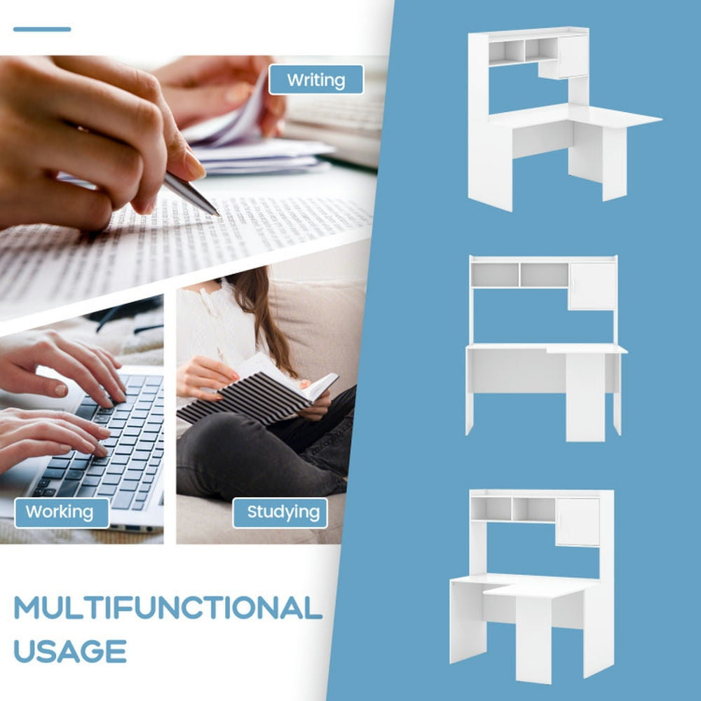 Demi Bonn L-Shaped Desk Corner Computer Desk with Open Storage Hutch and Cabinet, Small Home Office Desk Study Writing Table, White