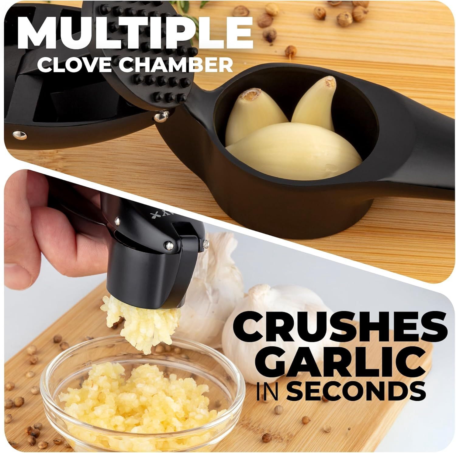 DIANJIE Kitchen Premium Garlic Press Set Rust Proof Dishwasher Safe Garlic Mincer Tool Silicone Garlic Peeler Brush Easy Squeeze Clean Ergonomic Soft Grip Handle Medium Black