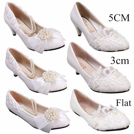 Womens Heel White Flower Lace Crystal Wedding Shoes Prom Bridal Bridesmaid Flat High Low Heels shoes