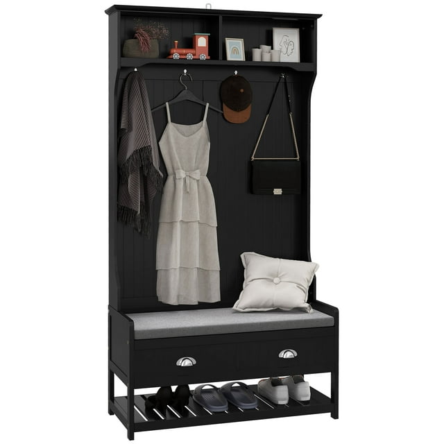 HOMCOM Coat Rack Shoe Bench, Hall Tree with Bench and Shoe Storage, Black