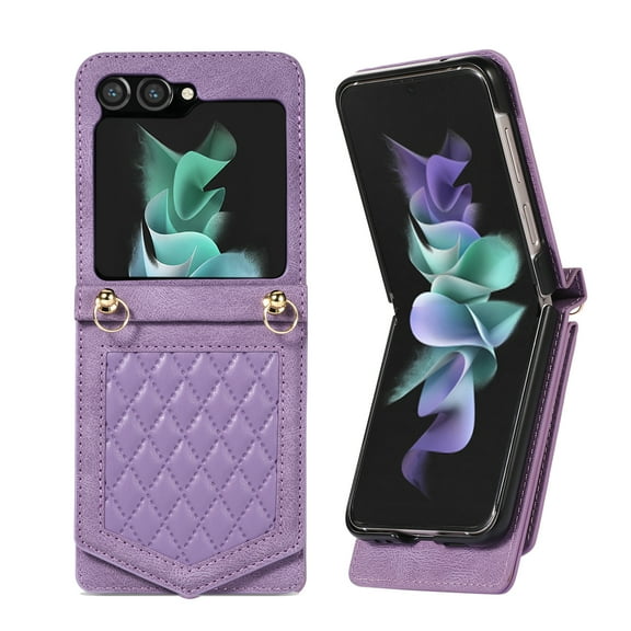 ELEHOLD Luxury Flip Wallet Case for Samsung Galaxy Z Flip 5 Argyle Pattern Leather RFID Bocking Card Slots Hidden Mirror Magnetic Button Adjustable Shoulder Strap for Galaxy Z Flip 5,Purple