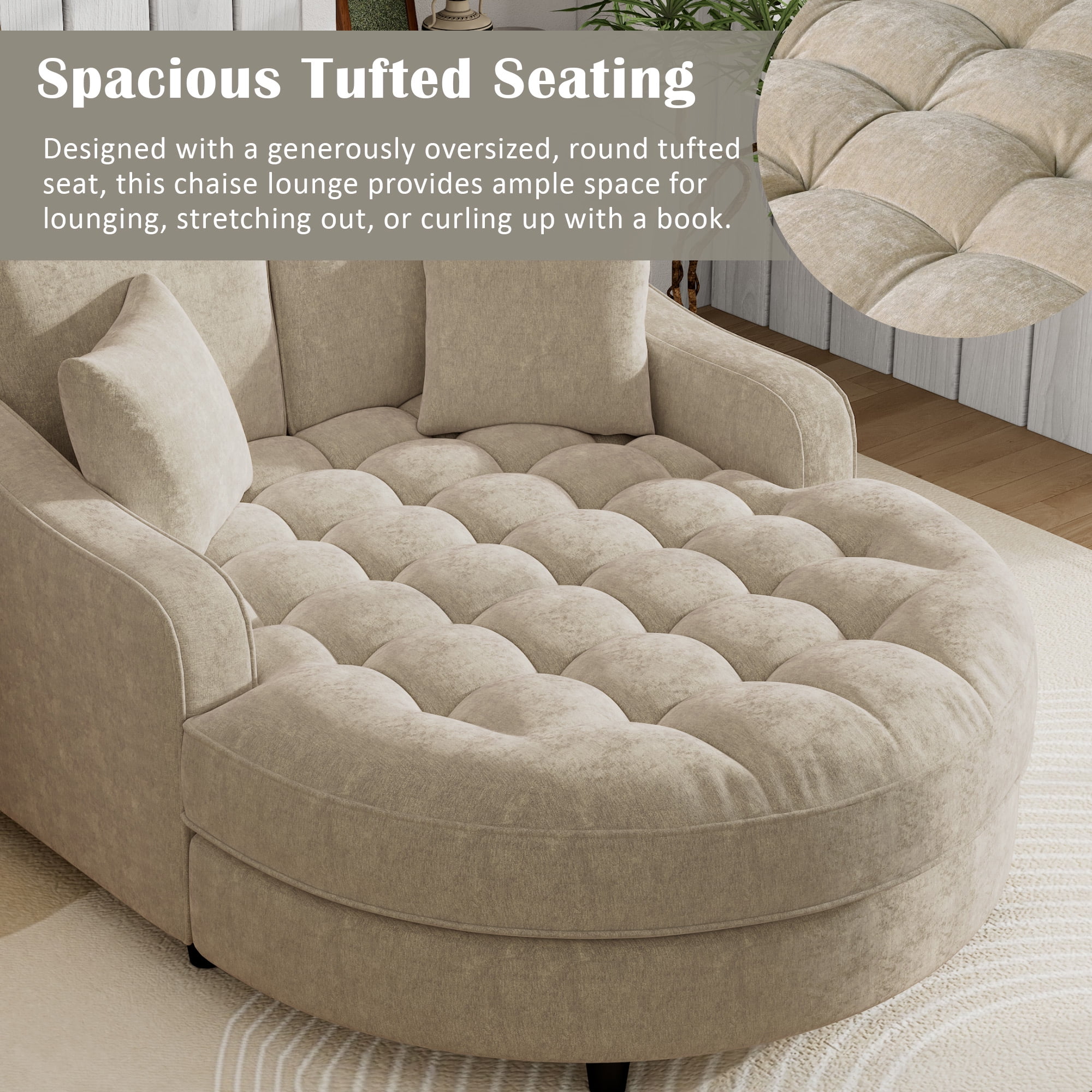 Euroco Oversized Round Chenille Chaise Lounge with Tufted Seat, Removable Pillows & High-Density Cushion – Modern Upholstered Lounge Chair for Bedroom or Living Room