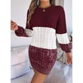 thumbnail image 5 of Women'S Autumn Winter Elegant Patchwork Lantern Sleeve Cable Knit Sweater Dress Wine Red L, 5 of 7