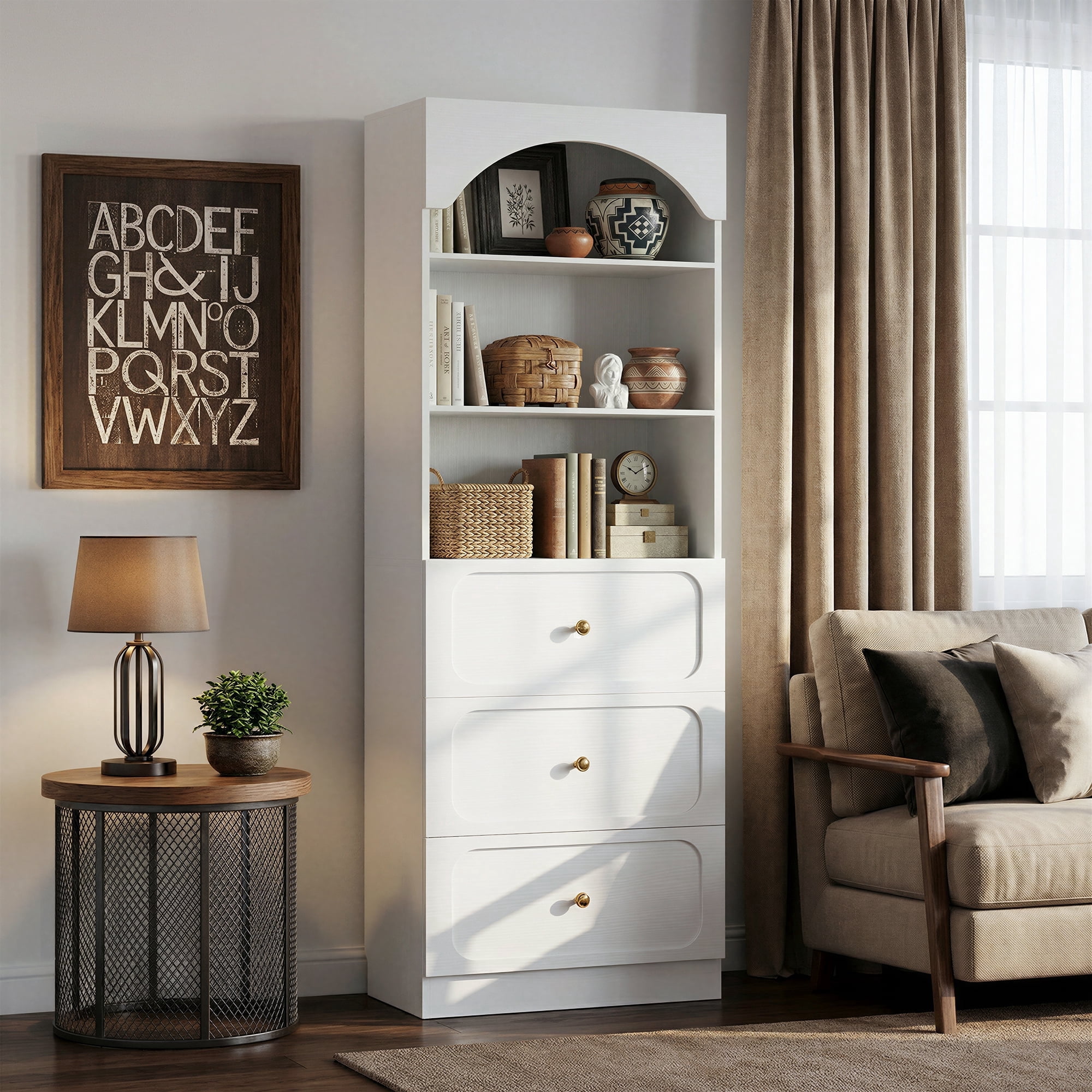 Homieasy 80" Tall Arched Bookcase with 3 Drawers & 3 Open Shelves - Wooden Storage Cabinet for Living Room, Kitchen, Office,White