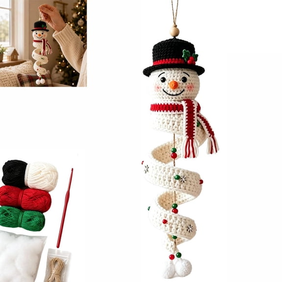 Crochet Snowman Spiral Ornament DIY Kit, Step by Step,Soft Yarn Included Decor, Adults and Kids, Hook and Beads Included for Porch, Window, Wall, Cabinet Display