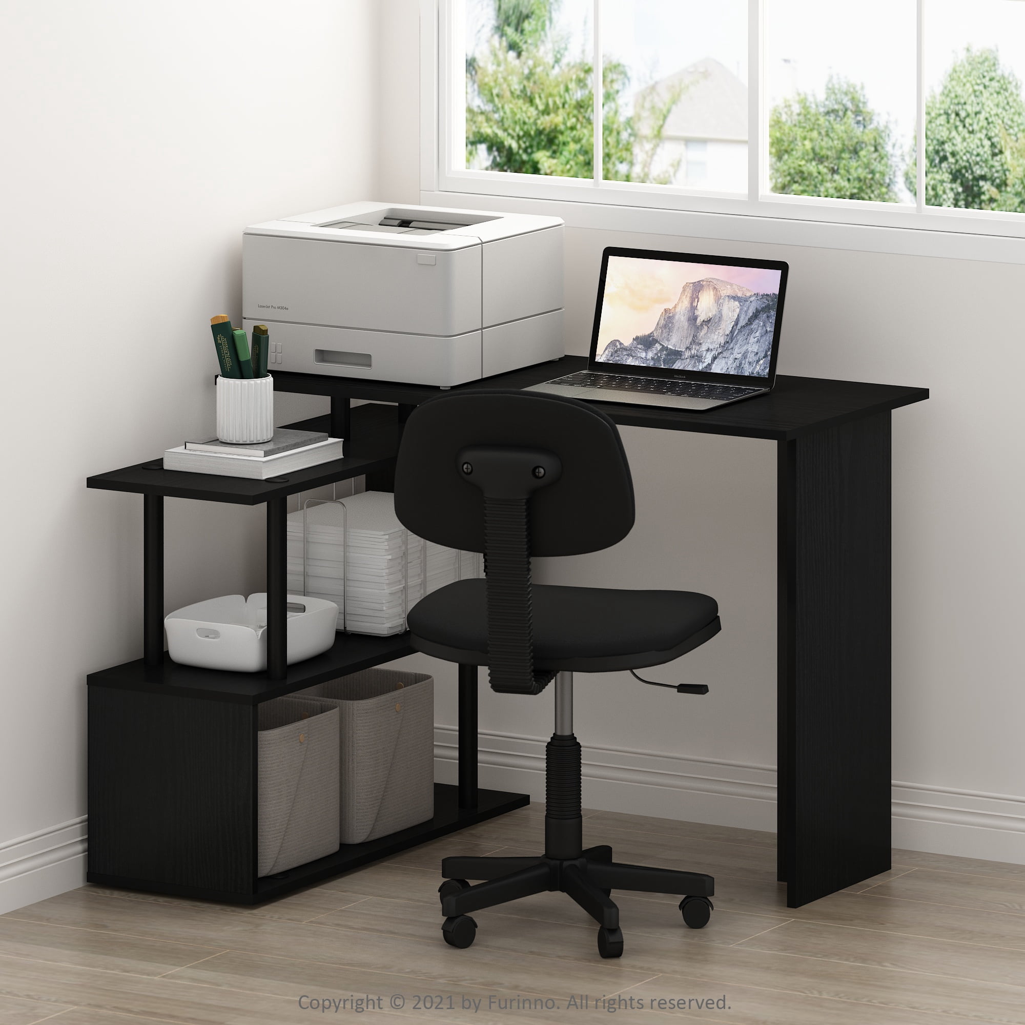 Furinno Moore L-Shape Computer Desk with 3-Tier Shelves, Americano/Black