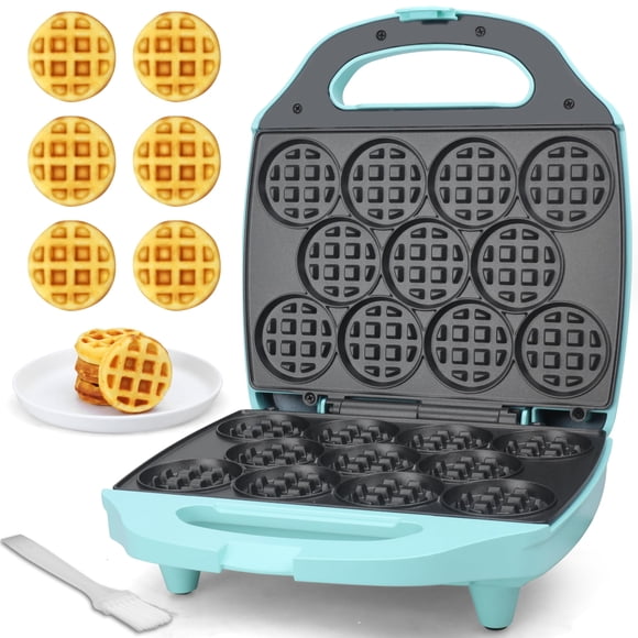 Friend Baker, Mini Wafflera de Bocados para Niños y Adultos, Mini Máquina para Waffles Belgas, Plancha Antiadhesiva para Waffles Pequeños de 11 x 2.2” con Receta Incluida, Aqua