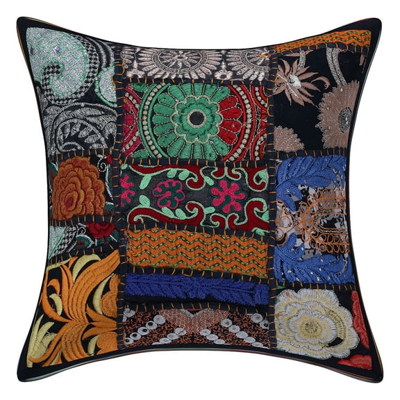 Stylo Culture Indian Cotton Decorative Throw Pillow Sham Cover Black 12x12 Bohemian Vintage Patchwork Indian Couch Cushion Cover 30 x 30 cm Home Decor Abstract Square Pillowcase | 1 Pc
