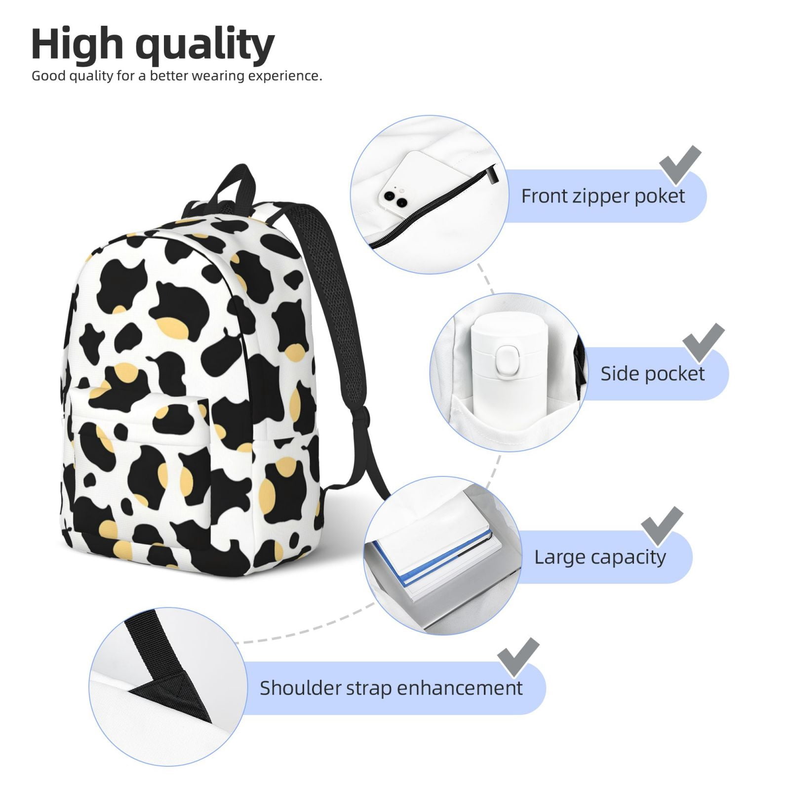 Casual Canvas Backpack Without Interlayer Large Capacity Stick Bag Design For Outdoor Shopping Office Outdoor Sports Simple Cow Print Pattern1_2 Medium