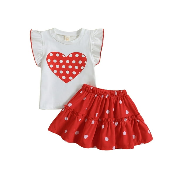 Toddler Girl Outfits Valentine's Day Heart Print Short Sleeve T Shirt and Skirt Two Piece Set for Kids Cute Casual Wear Red 18 Months-24 Months