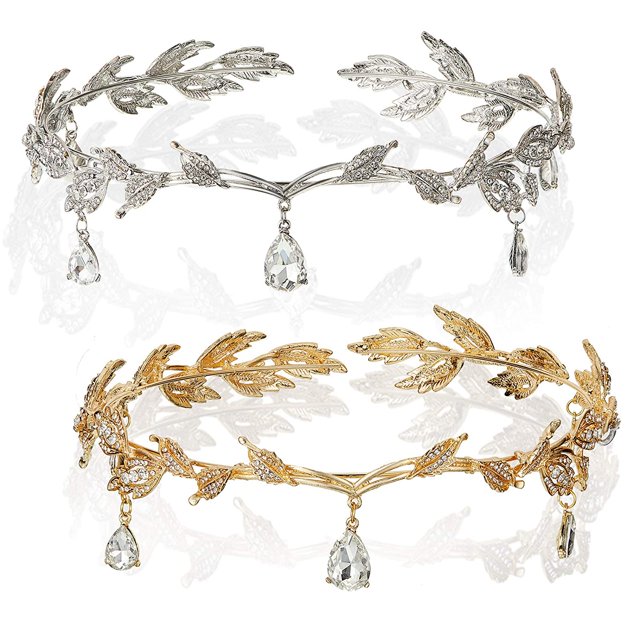 Diadema de hojas Diadema de corona de boda Diadema de tiara con colgante de cristal, 2 piezas, dorado y plateado Namotu CDWJ337