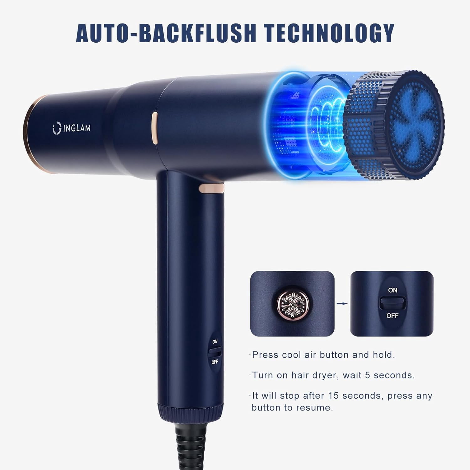 IG INGLAM 1875W ALCI Safety Plug, Lightweight Hair Dryer, 110,000 RPM Brushless Motor, Negative Ion Generator, 3 Heat & Speeds Settings, Auto Clean Function, Portable, 125V, 60HZ