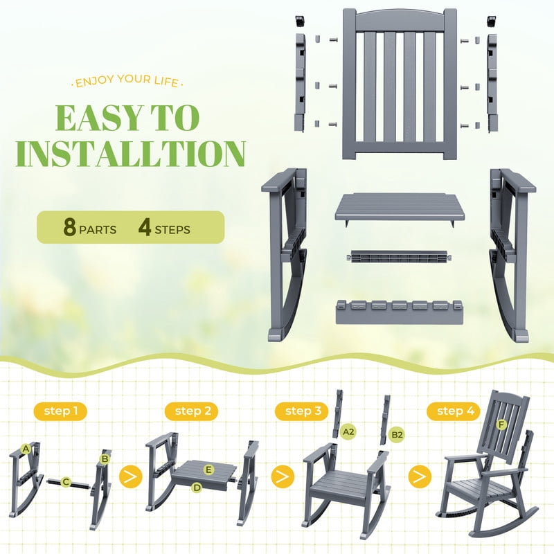 Vineego Oversized Outdoor Rocking Chair Set of 2, Heavy Duty Patio Rocker, All-Weather Resistant Front Porch Lawn Chairs for Outside, Gray