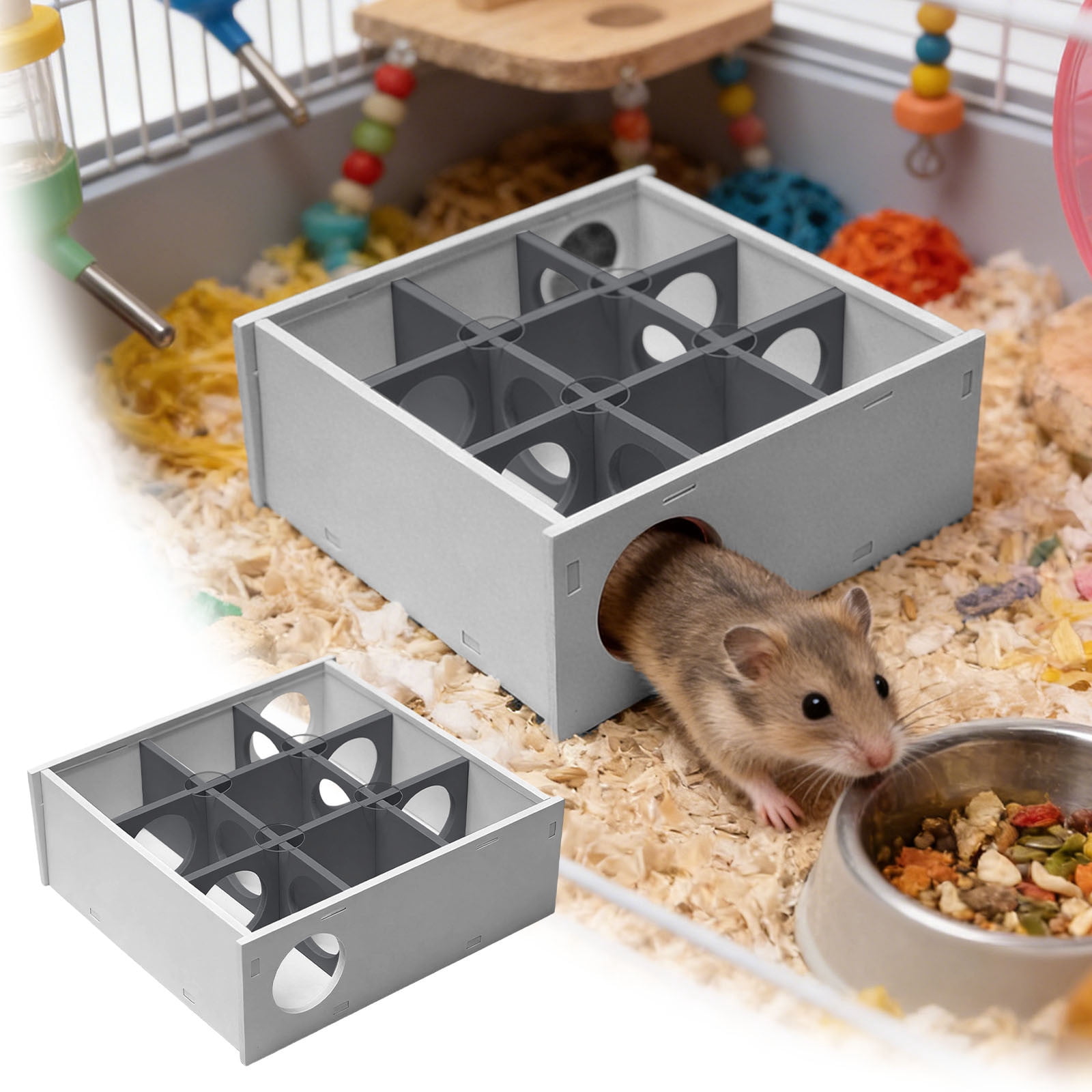 Hamster Maze Hideout - Interactive Wooden Enrichment Toy Multi-Chamber 9-Room Hamster Houses and Hideouts For Small Animals Hamsters Gerbils,Black