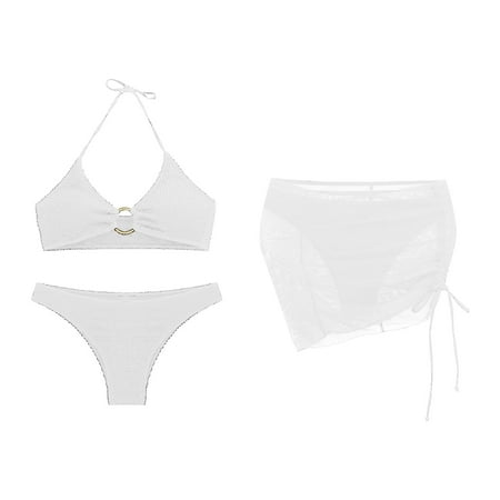 Swim Suits for Women 2024 3 Piece Bathing Suits Halter Ring Bikini Set With Cover Up Skirt Swimwear Sizes L