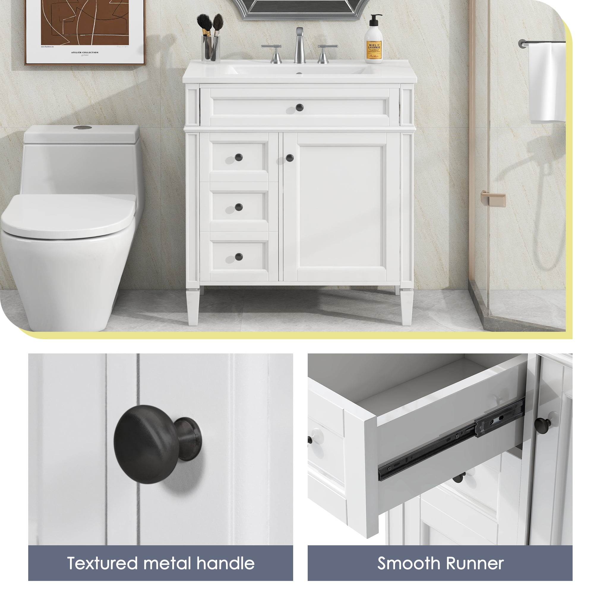 Euroco 30” Bathroom Vanity with Sink, Modern Freestanding Bathroom Cabinet with Tip-Out Drawer, Soft-Close Doors & Shelves, Hidden Storage Organizer